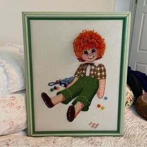 Vintage Crewel Carrot Top Boy 15” X 19” Frame Soooo Adorable!